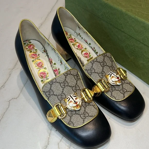 Gucci with Leather GG Supreme Embellished Mid-Heel Loafer Pump (Size 40) - Picture 3 of 13